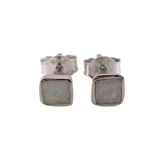 White Lab Opal 5mm Square Stud Earrings Sterling Silver