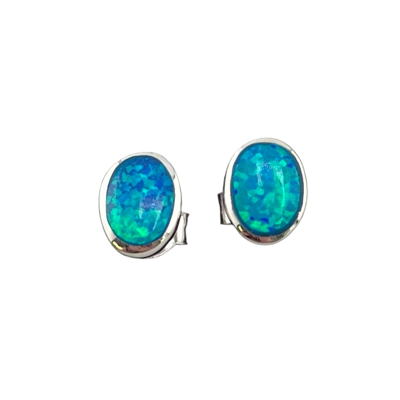 Blue Lab Opal 7mm Oval Stud Earrings Sterling Silver