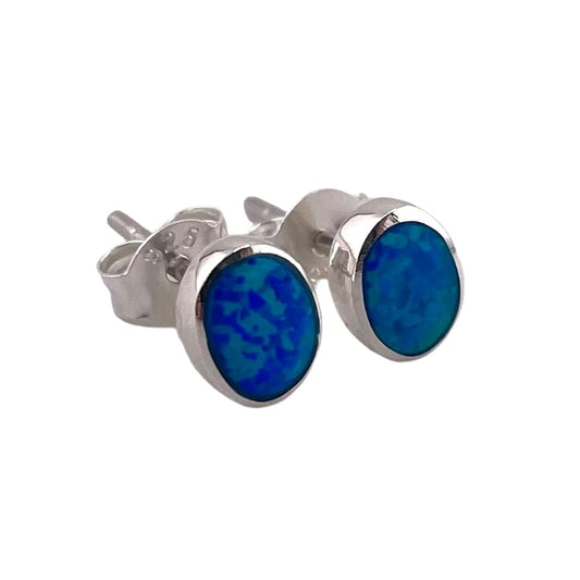 Blue Lab Opal 7mm Oval Stud Earrings Sterling Silver
