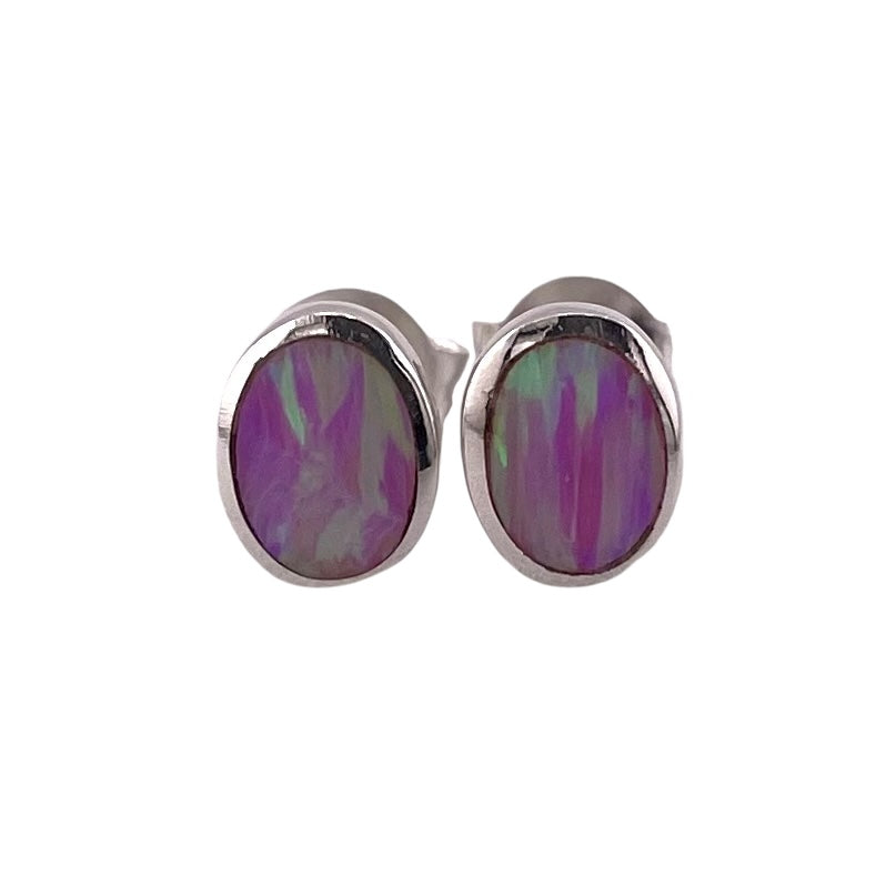 Pink Lab Opal 7mm Oval Stud Earrings Sterling Silver