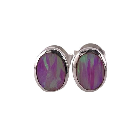 Pink Lab Opal 7mm Oval Stud Earrings Sterling Silver