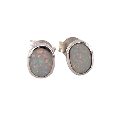 White Lab Opal 7mm Oval Stud Earrings Sterling Silver