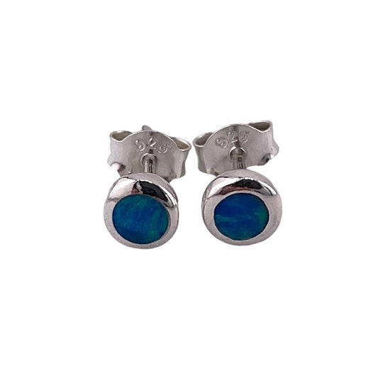 Blue Lab Opal 5mm Round Stud Earrings Sterling Silver