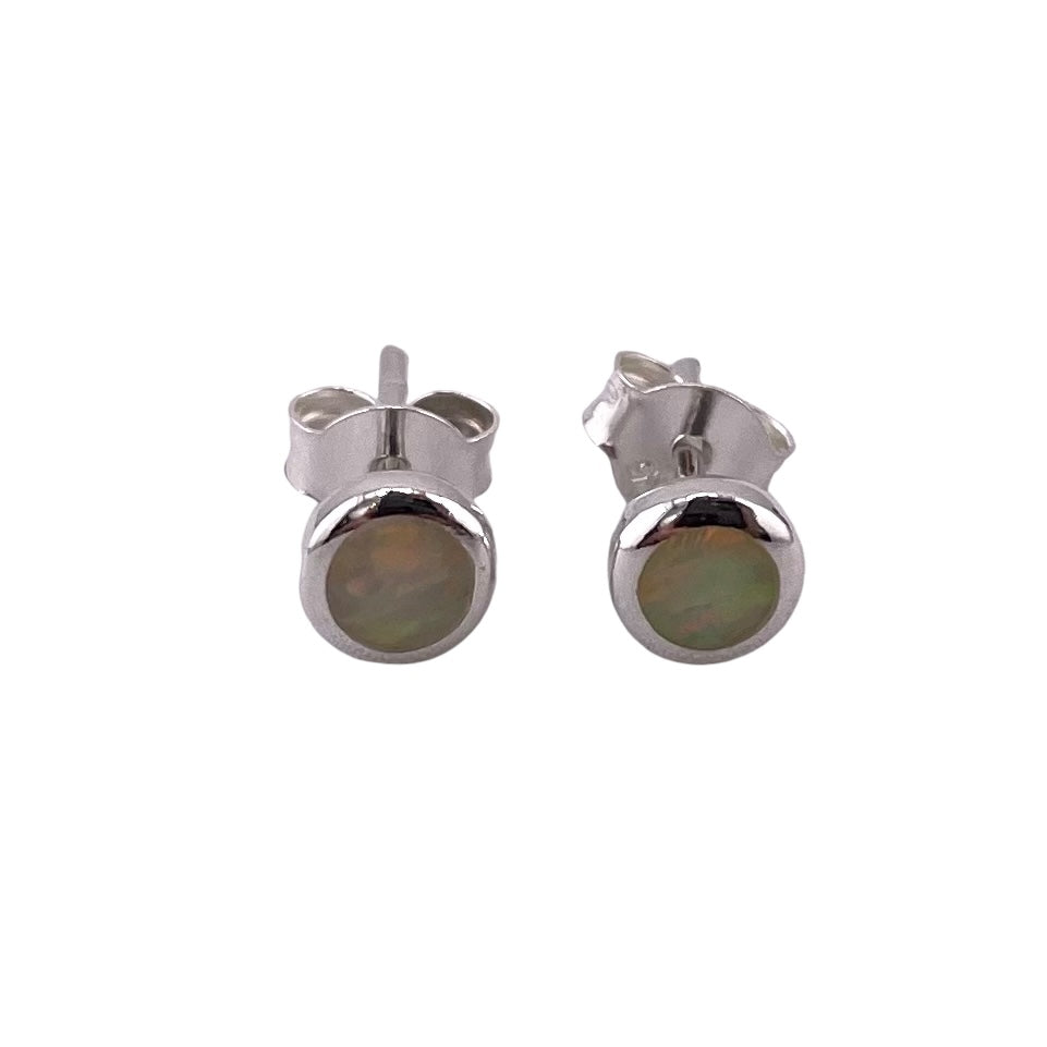 White Lab Opal 5mm Round Stud Earrings Sterling Silver