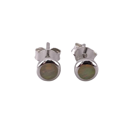 White Lab Opal 5mm Round Stud Earrings Sterling Silver