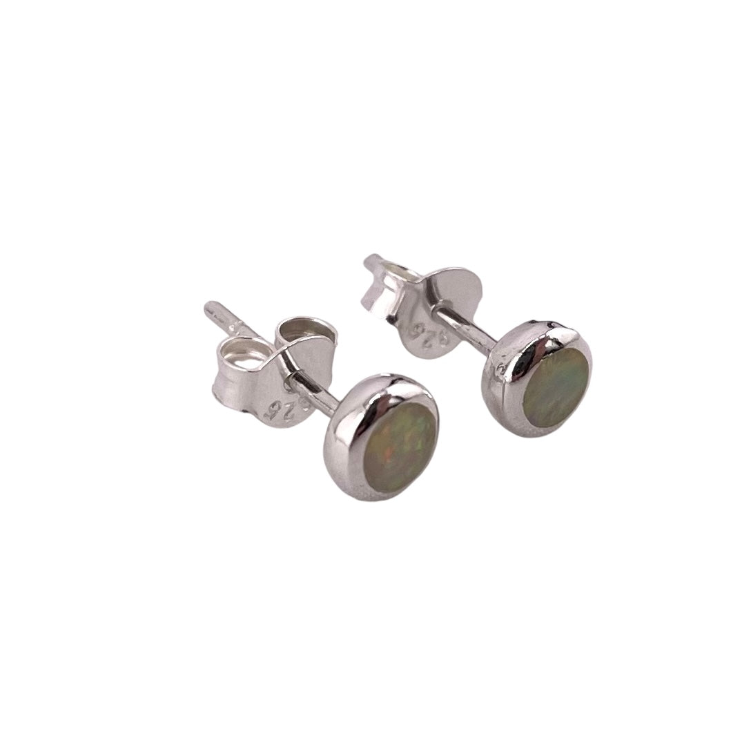 White Lab Opal 5mm Round Stud Earrings Sterling Silver