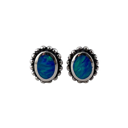 Blue Lab Opal Dotted Oval Stud Earrings Sterling Silver
