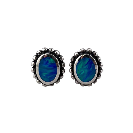 Blue Lab Opal Dotted Oval Stud Earrings Sterling Silver