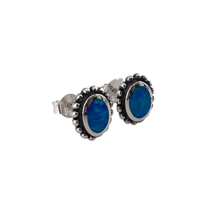 Blue Lab Opal Dotted Oval Stud Earrings Sterling Silver