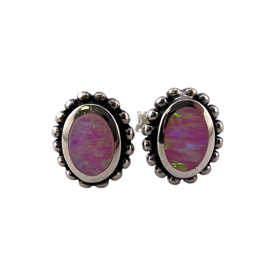 Pink Lab Opal Dotted Oval Stud Earrings Sterling Silver