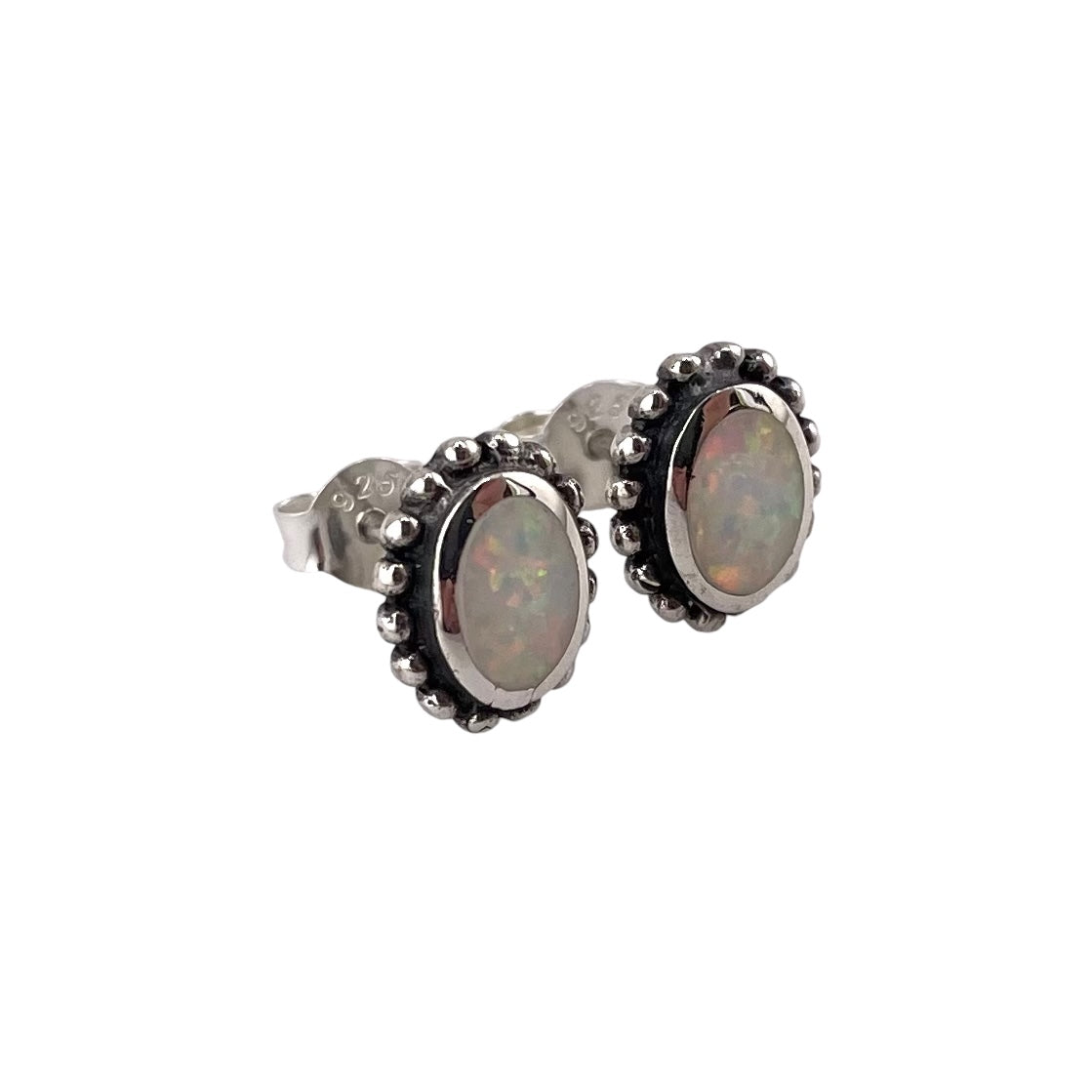 White Lab Opal Dotted Oval Stud Earrings Sterling Silver