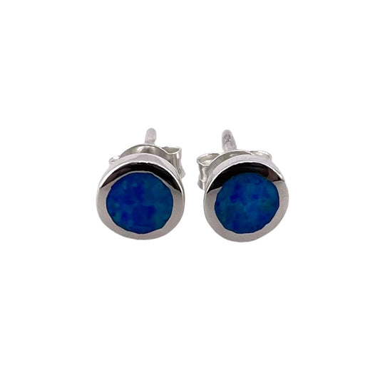 Blue Lab Opal Round Stud Earrings Sterling Silver