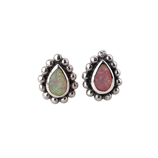 Pink Lab Opal 9mm Dotted Tear Drop Stud Earrings Sterling Silver