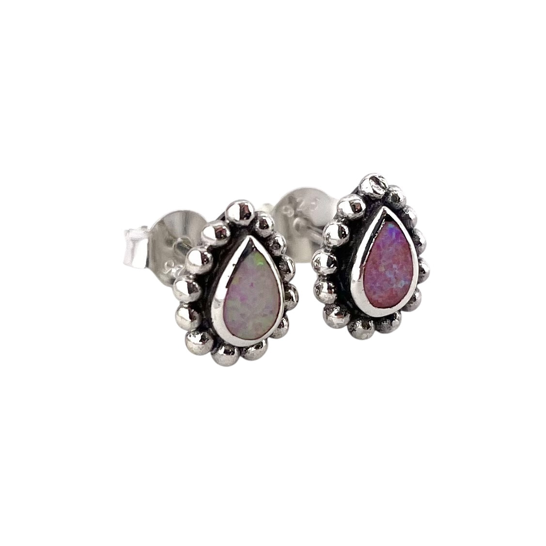 Pink Lab Opal 9mm Dotted Tear Drop Stud Earrings Sterling Silver