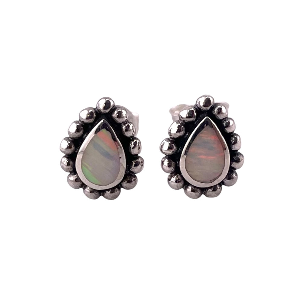 White Lab Opal 9mm Dotted Tear Drop Stud Earrings Sterling Silver