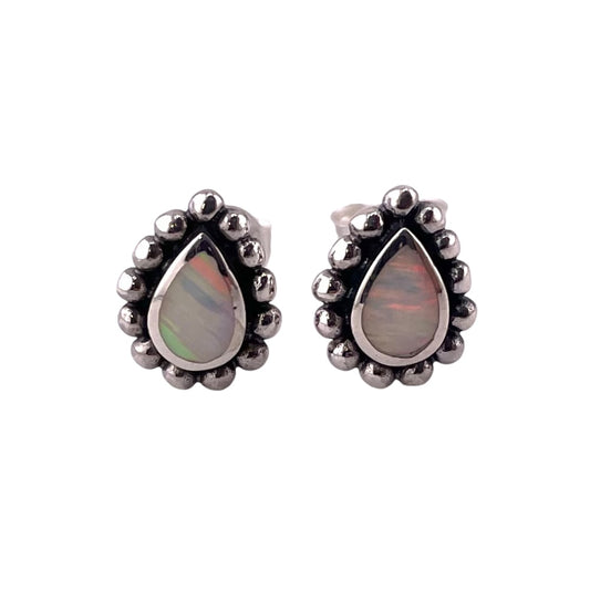 White Lab Opal 9mm Dotted Tear Drop Stud Earrings Sterling Silver