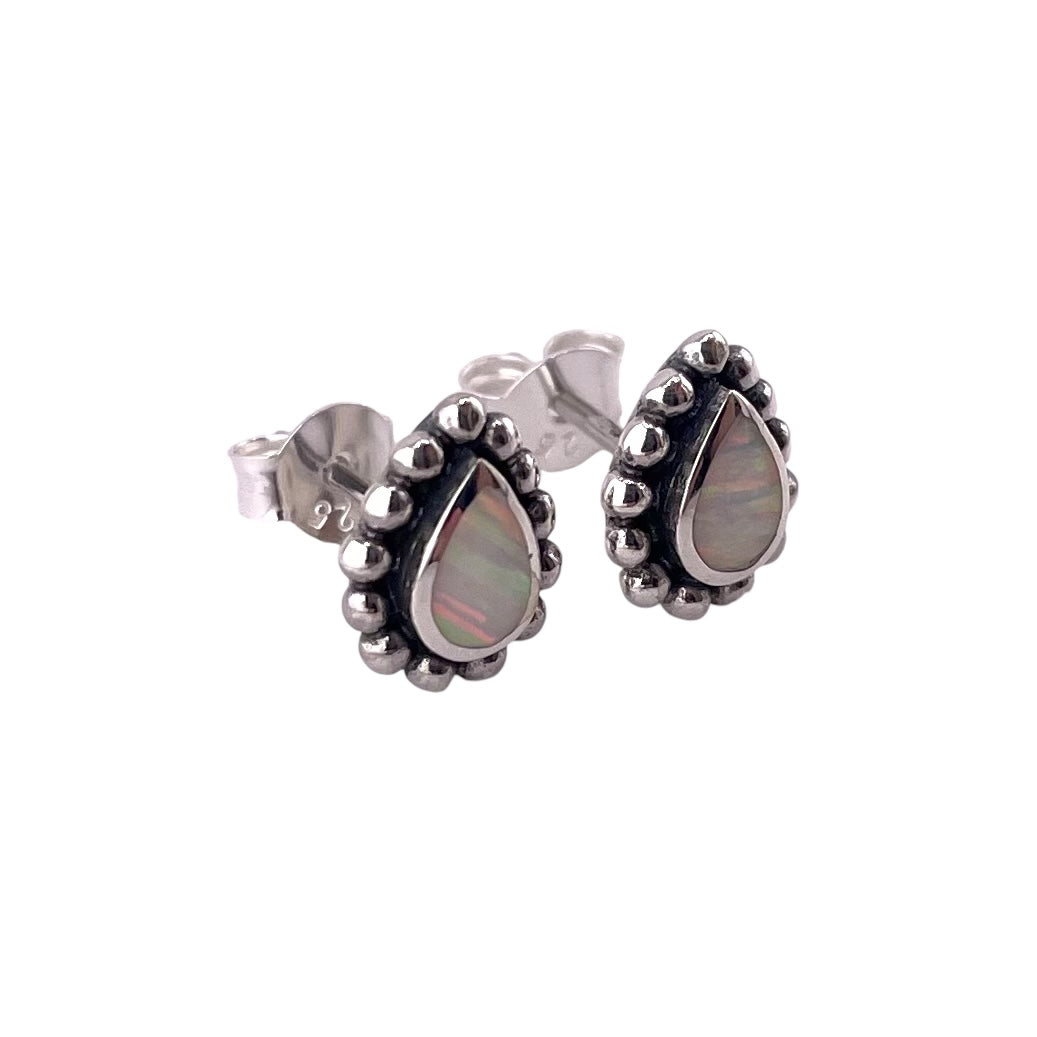 White Lab Opal 9mm Dotted Tear Drop Stud Earrings Sterling Silver