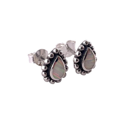White Lab Opal 9mm Dotted Tear Drop Stud Earrings Sterling Silver