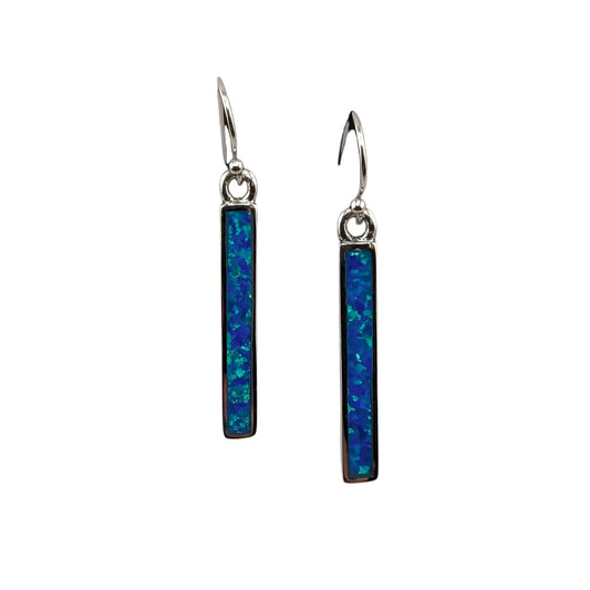 Blue Lab Opal Rectangle Dangle Earrings Sterling Silver