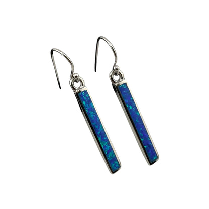 Blue Lab Opal Rectangle Dangle Earrings Sterling Silver