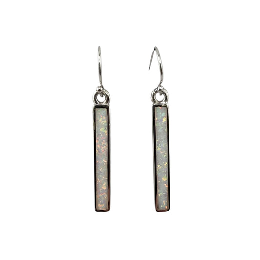 White Lab Opal Rectangle Dangle Earrings Sterling Silver