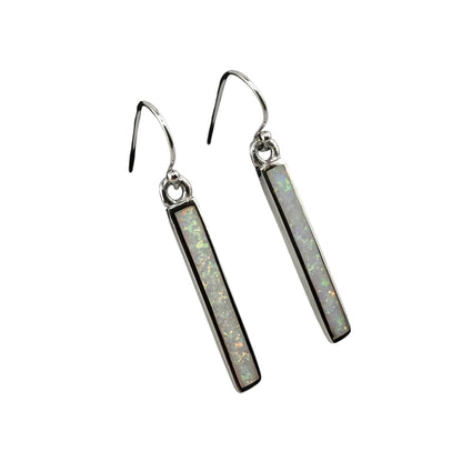White Lab Opal Rectangle Dangle Earrings Sterling Silver