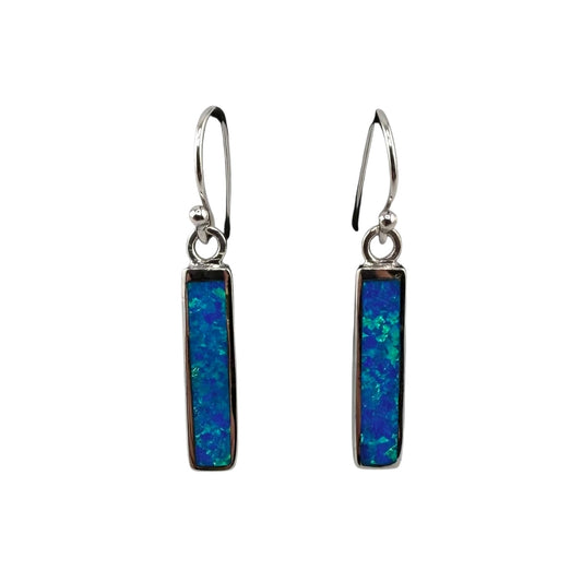 Blue Lab Opal Rectangle Dangle Earrings Sterling Silver