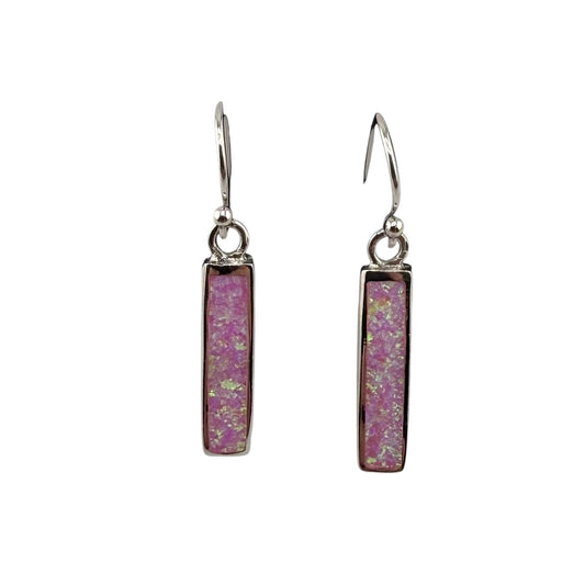 Pink Lab Opal Rectangle Dangle Earrings Sterling Silver