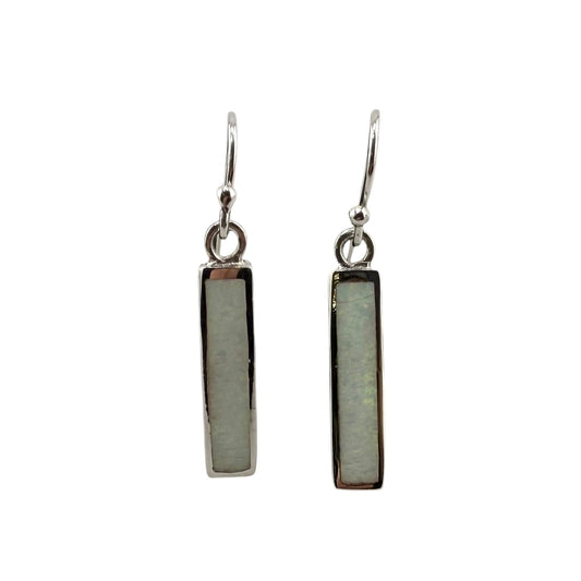 White Lab Opal Rectangle Dangle Earrings Sterling Silver