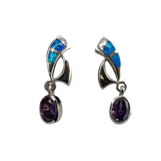 Blue Lab Opal Amethyst CZ Dangle Earrings Sterling Silver