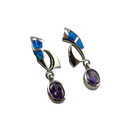 Blue Lab Opal Amethyst CZ Dangle Earrings Sterling Silver