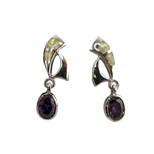 White Lab Opal Amethyst CZ Dangle Earrings Sterling Silver