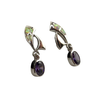 White Lab Opal Amethyst CZ Dangle Earrings Sterling Silver