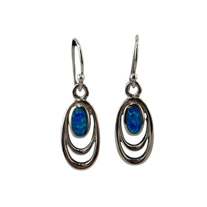 Blue Lab Opal Oval Dangle Earrings Sterling Silver