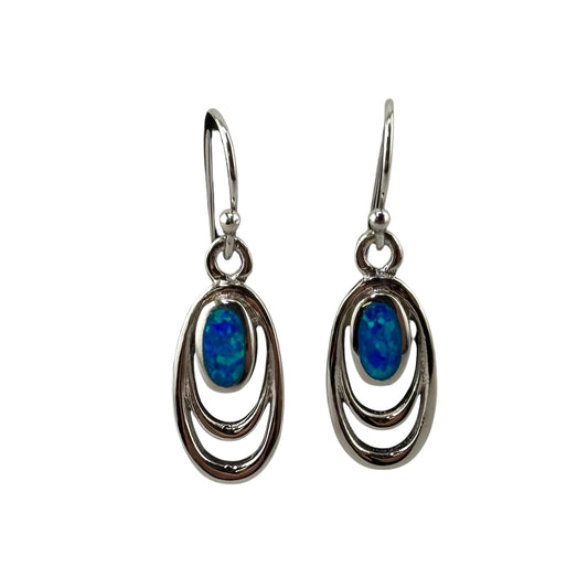 Blue Lab Opal Oval Dangle Earrings Sterling Silver