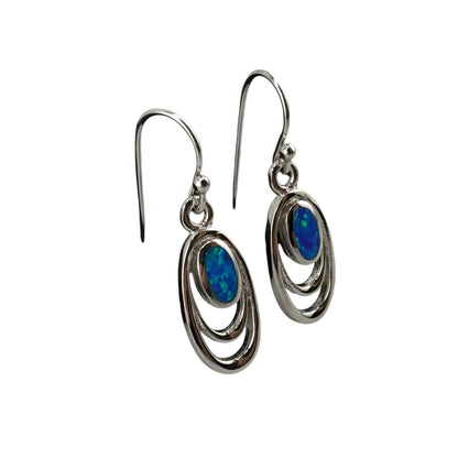 Blue Lab Opal Oval Dangle Earrings Sterling Silver
