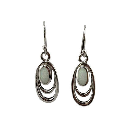 White Lab Opal Oval Dangle Earrings Sterling Silver