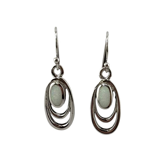 White Lab Opal Oval Dangle Earrings Sterling Silver