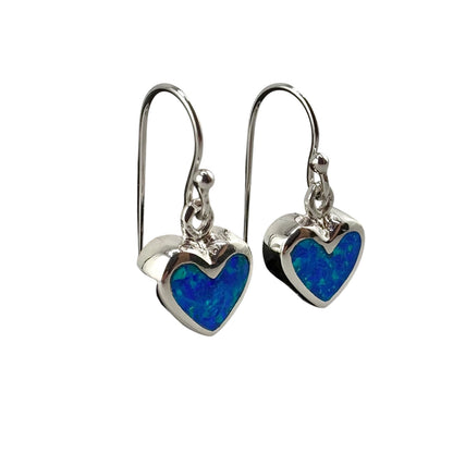 Blue Lab Opal Heart Dangle Earrings Sterling Silver