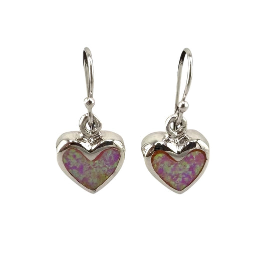 Pink Lab Opal Heart Dangle Earrings Sterling Silver