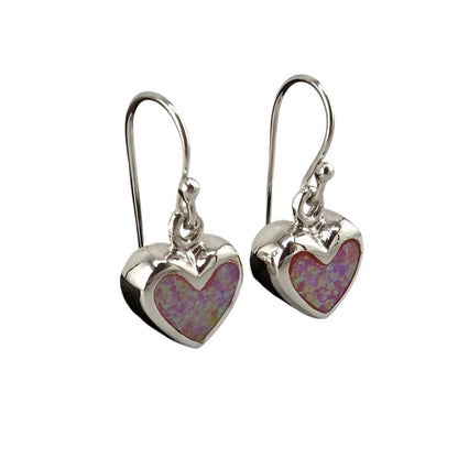 Pink Lab Opal Heart Dangle Earrings Sterling Silver