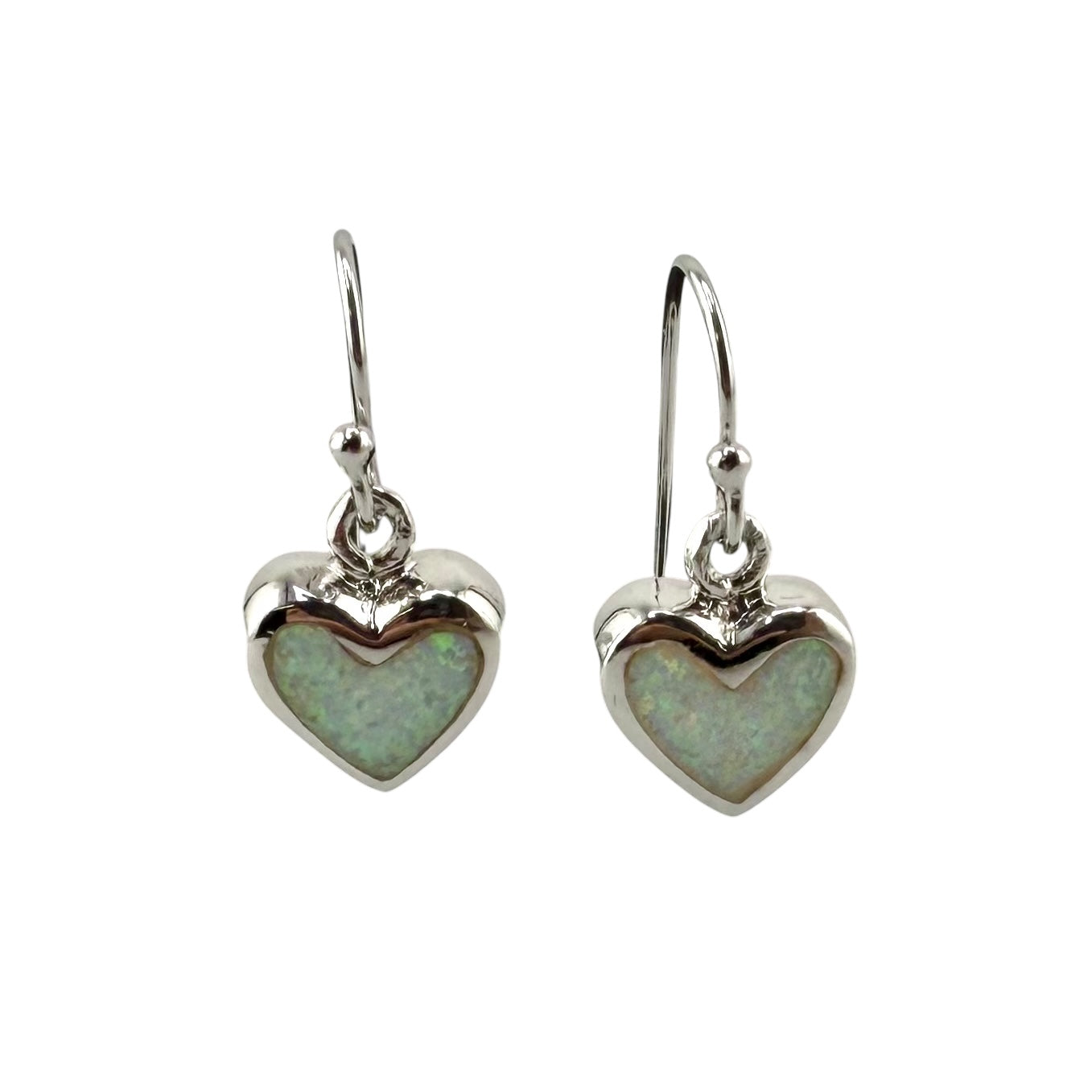 White Lab Opal Heart Dangle Earrings Sterling Silver
