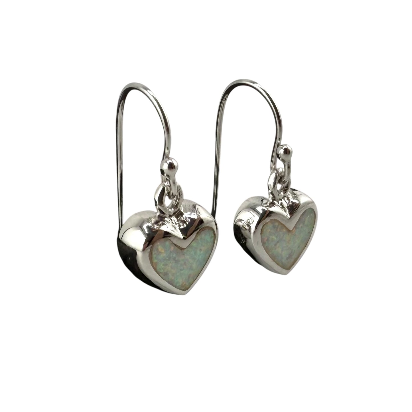 White Lab Opal Heart Dangle Earrings Sterling Silver