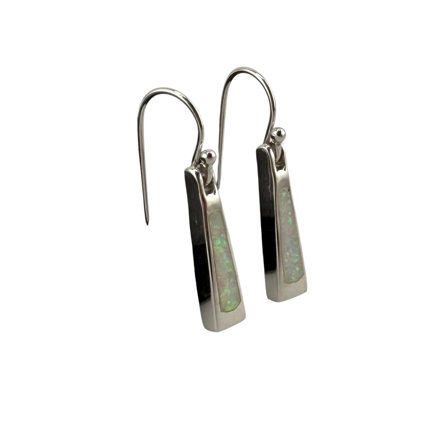 White Lab Opal Triangle Dangle Earrings Sterling Silver