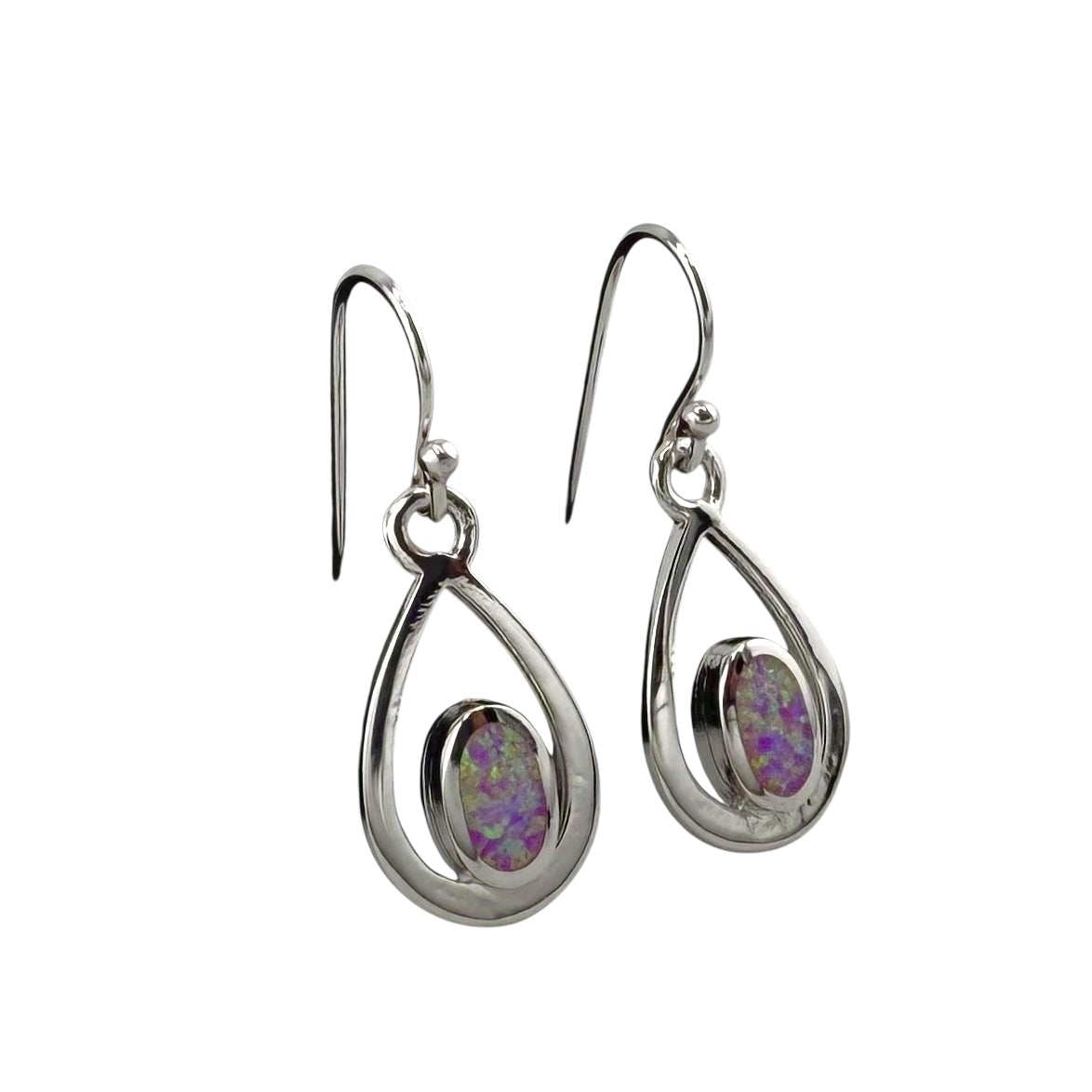 Pink Lab Opal Pear Shape Dangle Earrings Sterling Silver