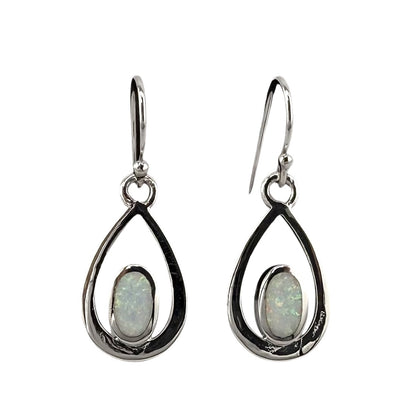 White Lab Opal Pear Shape Dangle Earrings Sterling Silver
