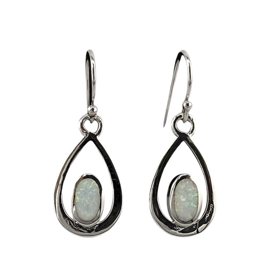 White Lab Opal Pear Shape Dangle Earrings Sterling Silver