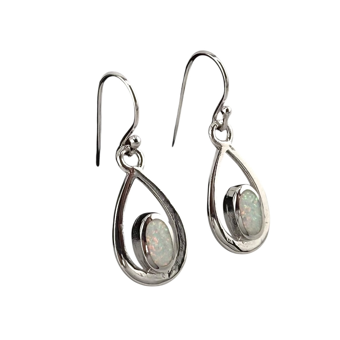 White Lab Opal Pear Shape Dangle Earrings Sterling Silver