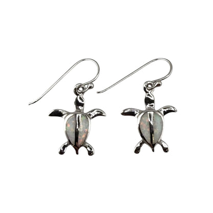 White Lab Opal Turtle Dangle Earrings Sterling Silver