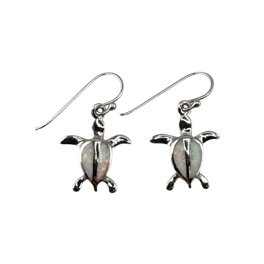 White Lab Opal Turtle Dangle Earrings Sterling Silver